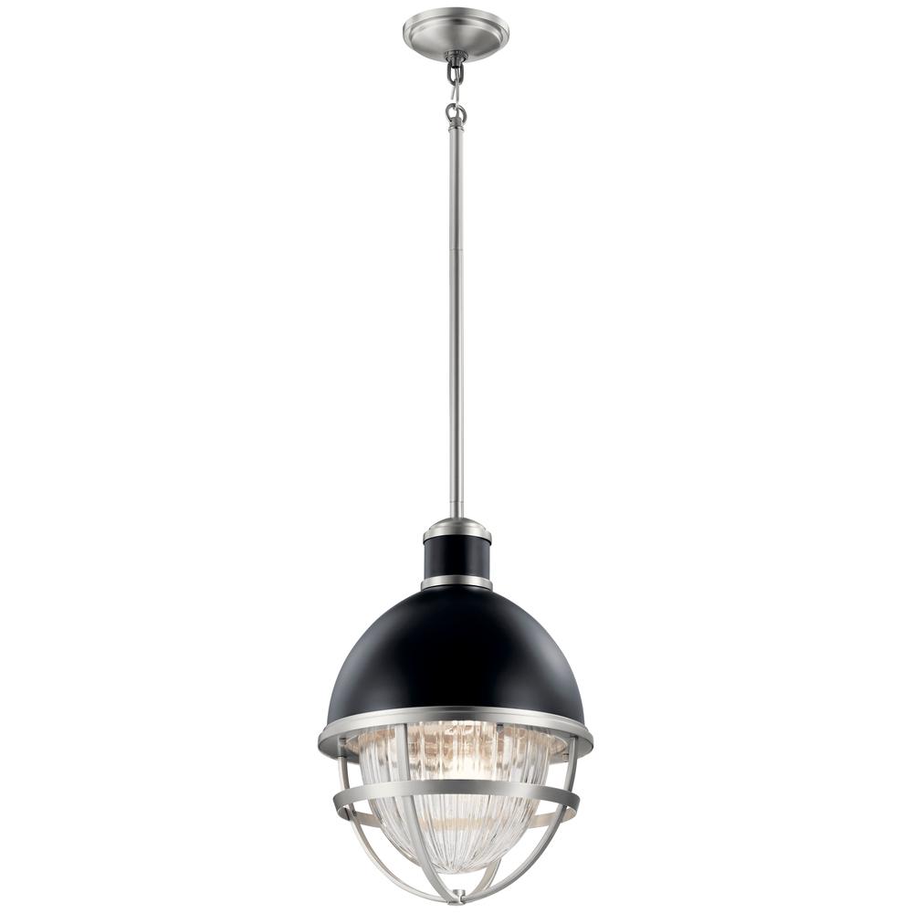 Tollis™ 12" 1 Light Hanging Pendant with Clear Ribbed Glass Black and Brushed Nickel