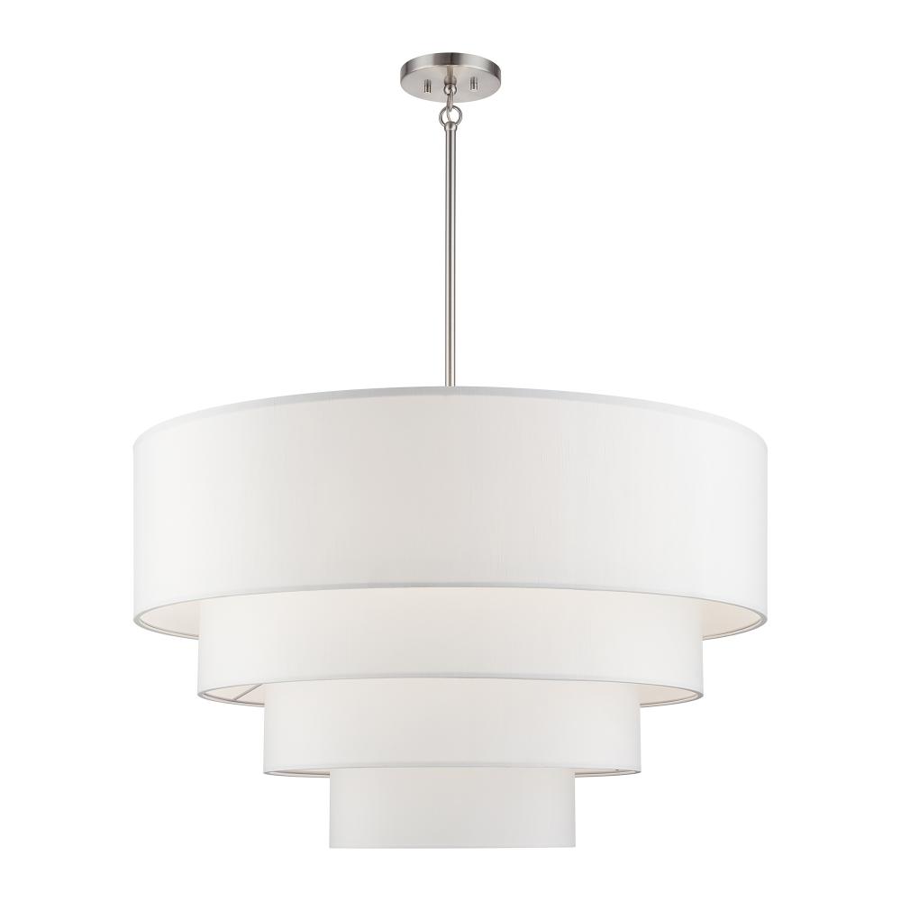8 Light Brushed Nickel Large Pendant Chandelier with Hand Crafted Off-White Fabric Hardback Shades