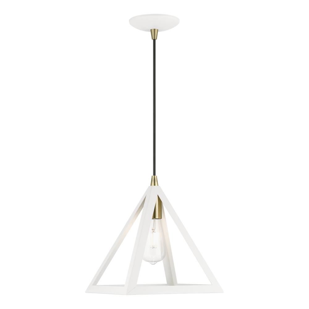 1 Light Textured White with Antique Brass Accents Pendant