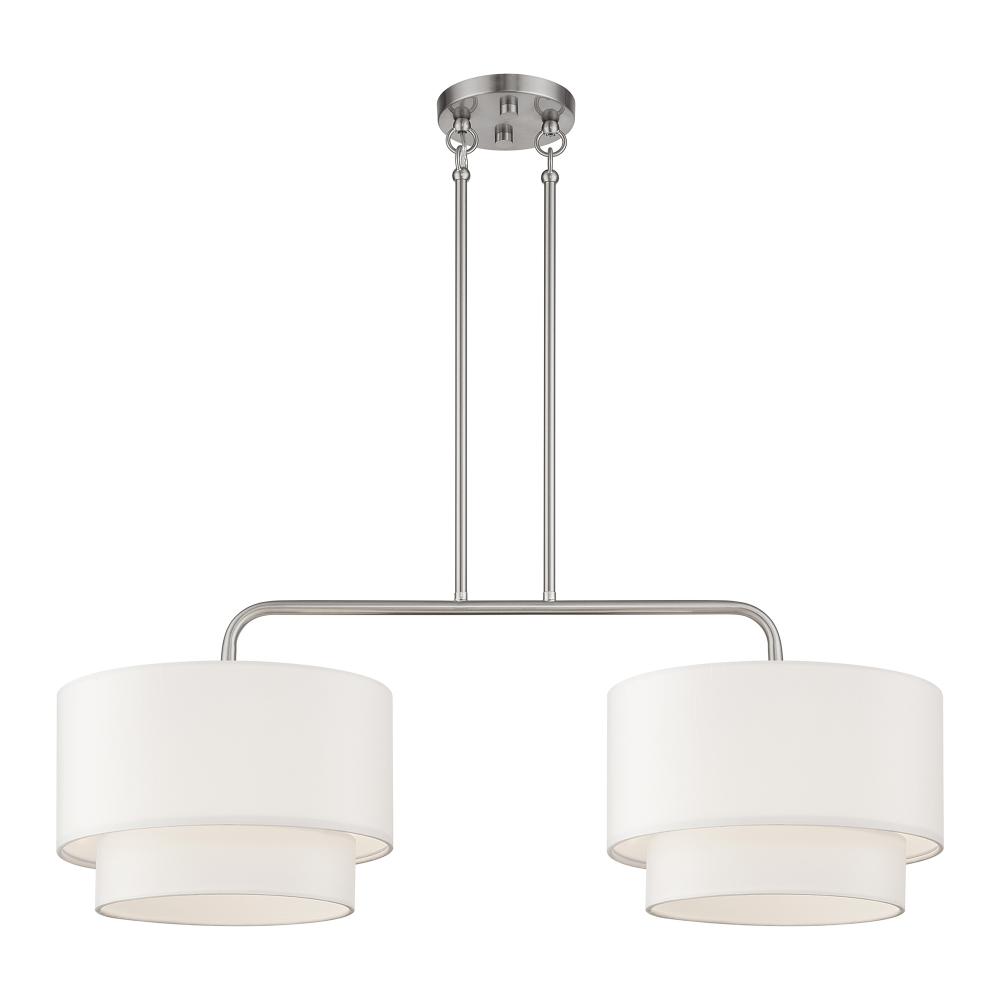 2 Light Brushed Nickel Large Linear Chandelier with Hand Crafted Off-White Fabric Hardback Shades