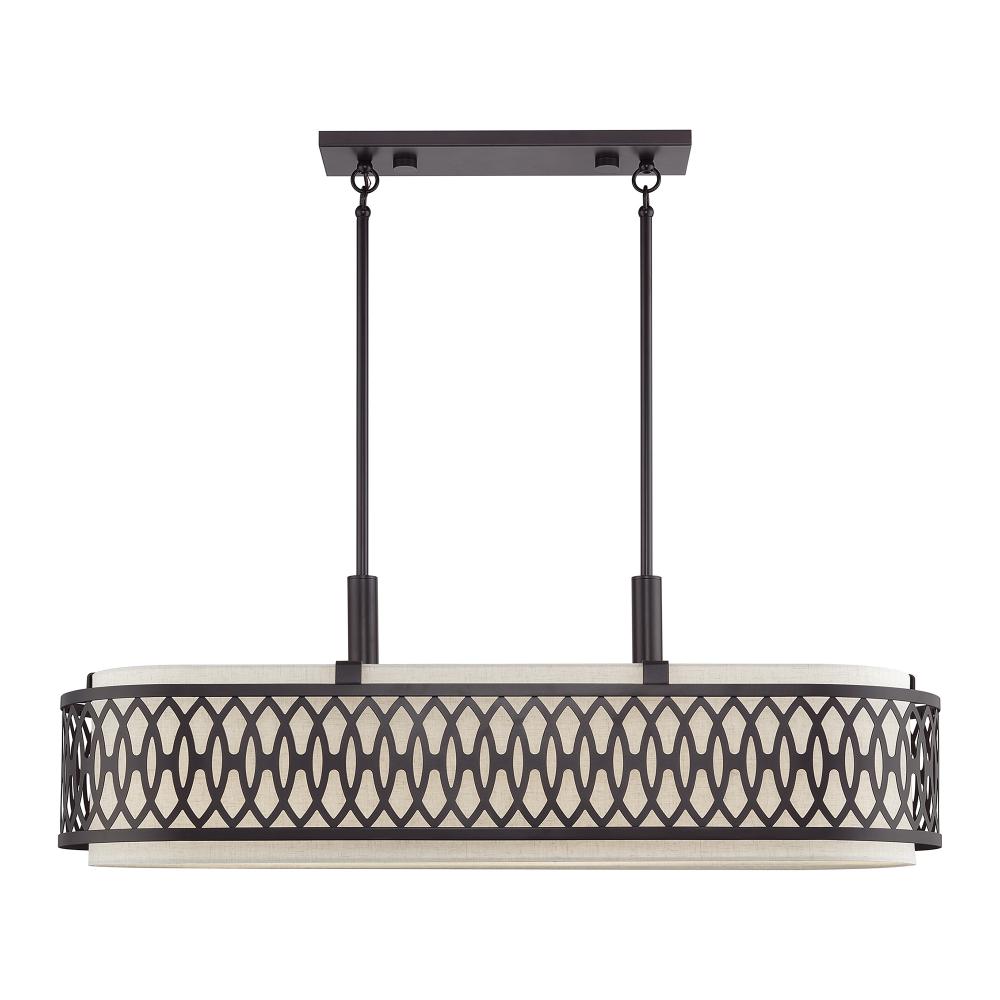 6 LT English Bronze Large Linear Chandelier with Hand Crafted Oatmeal Color Fabric Hardback Shade