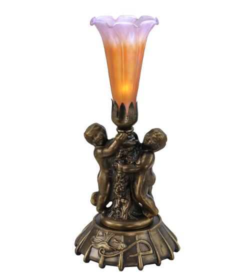 12" High Amber/Purple Tiffany Pond Lily Twin Cherub Mini Lamp