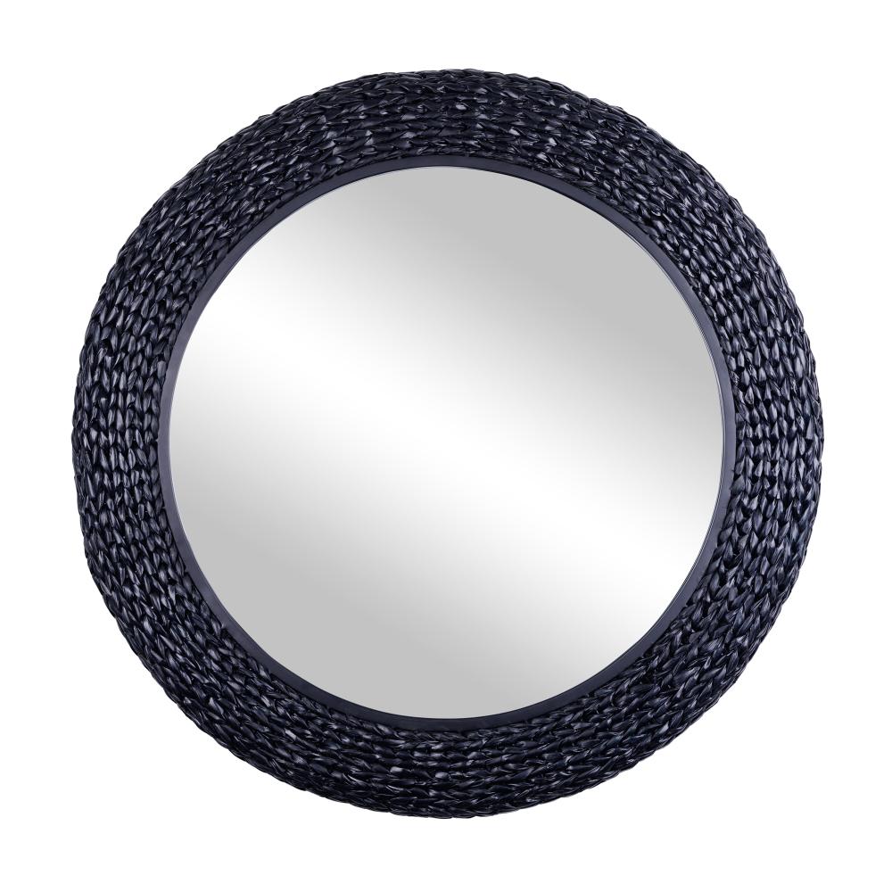 Athena 40-in Round Wall Mirror - Matte Black/Midnight Blue Seagrass