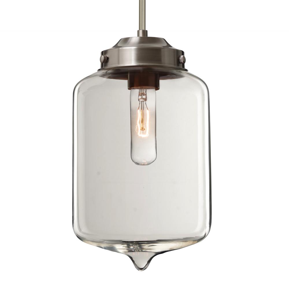Besa Olin Stem Pendant Satin Nickel Clear 1x60W Medium Base T10, 15Ft. Cord