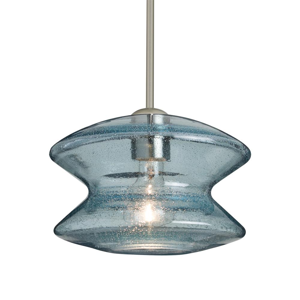 Besa, Zen Stem Pendant, Blue Bubble, Satin Nickel Finish, 1x60W Medium Base, 15Ft. Cord