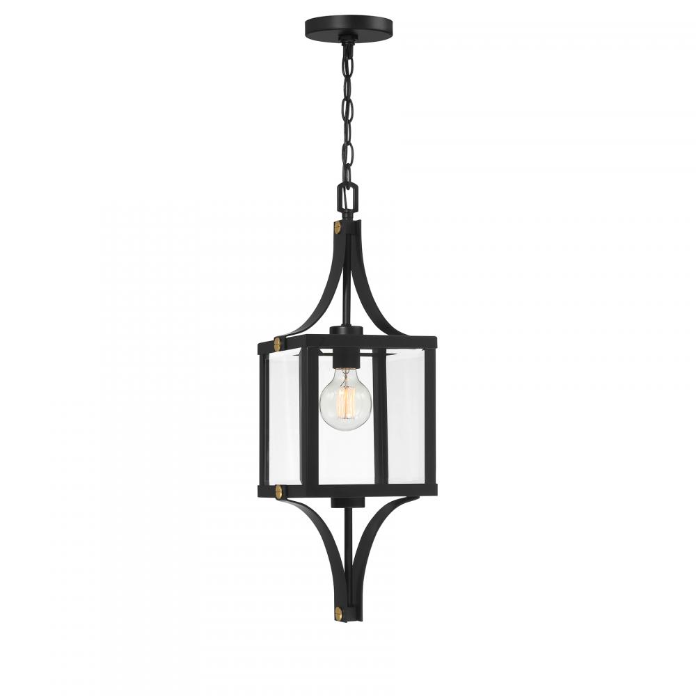 Raeburn 1-Light Outdoor Hanging Lantern in Matte Black and Weathered Brushed Brass