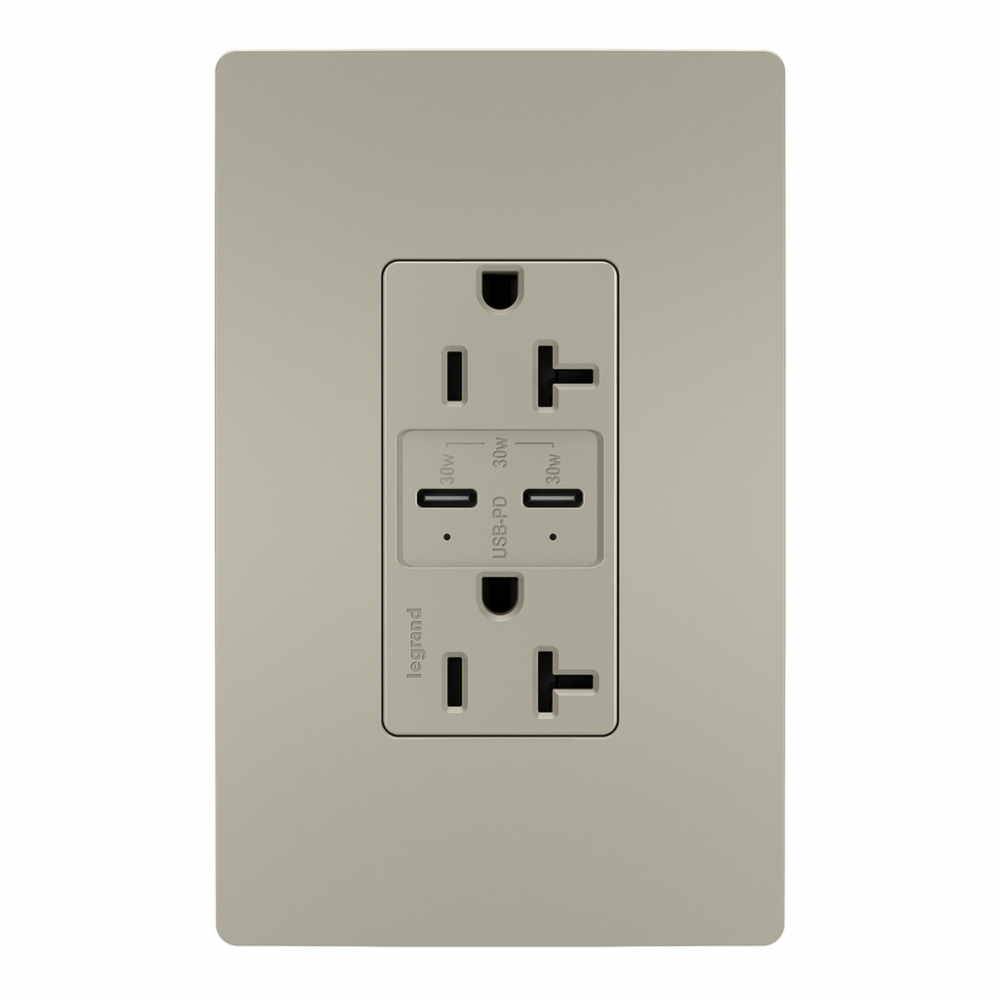 radiant? 20A Tamper Resistant Ultra Fast PLUS Power Delivery USB Type C/C Outlet, Nickel
