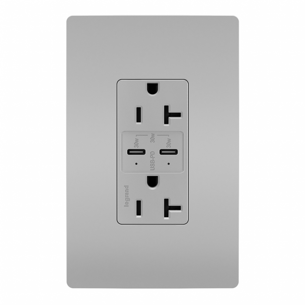 radiant? 20A Tamper Resistant Ultra Fast PLUS Power Delivery USB Type C/C Outlet, Gray