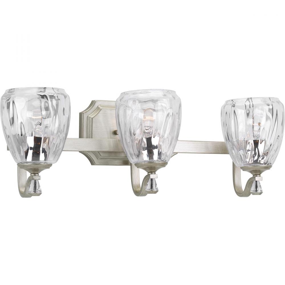 Anjoux Collection Three-Light Silver Ridge Clear Water Glass Luxe Bath Vanity Light