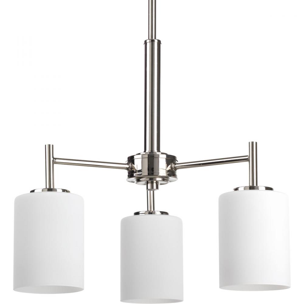Replay Collection Three-Light Polished Nickel Etched White Glass Modern Chandelier Light