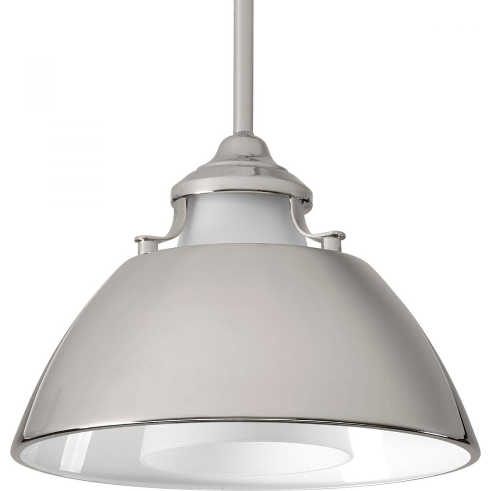 Carbon Collection One-Light Polished Nickel Etched White Glass Mid-Century Modern Pendant Light
