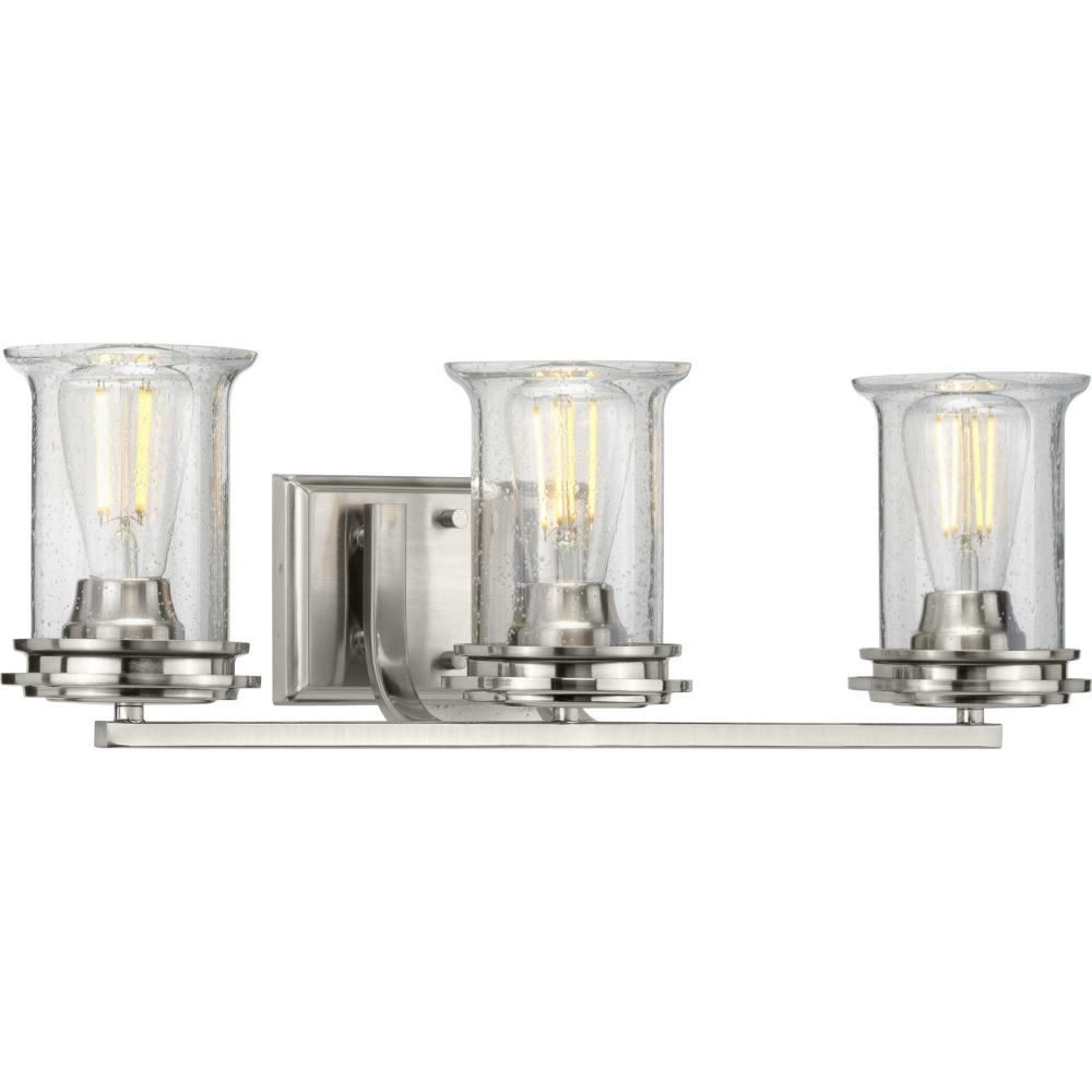 Winslett Collection Three-Light Brushed Nickel Clear Seeded Glass Coastal Bath Vanity Light