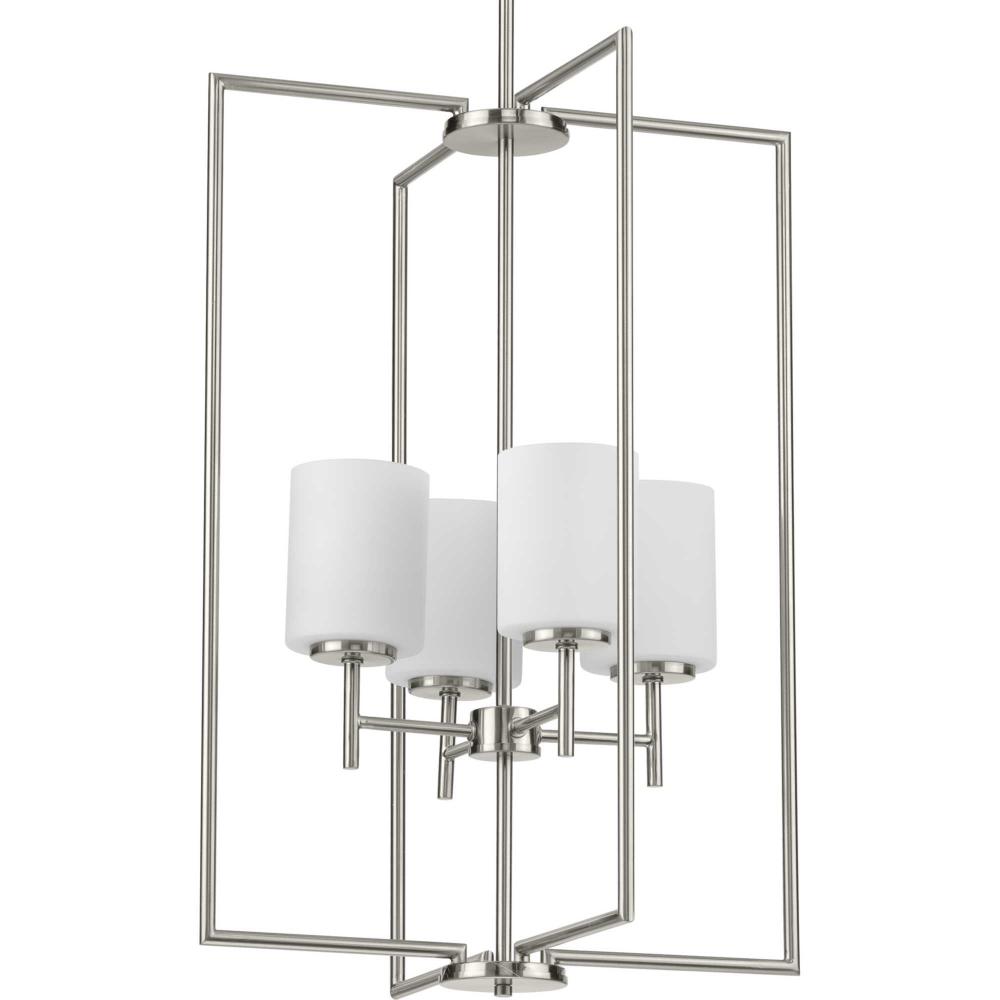 Replay Collection Four-Light Brushed Nickel Etched White Glass Modern Pendant Light