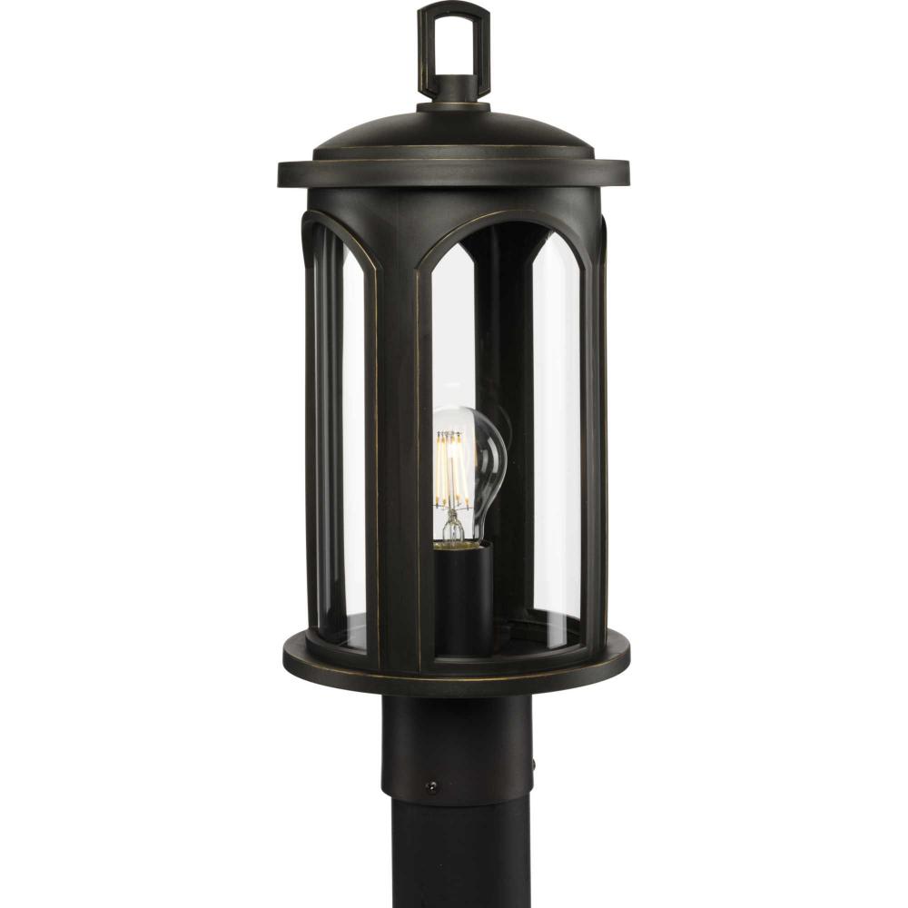 Gables Collection One-Light Antique Bronze and Clear Glass Transitional Style Outdoor Post Lantern w
