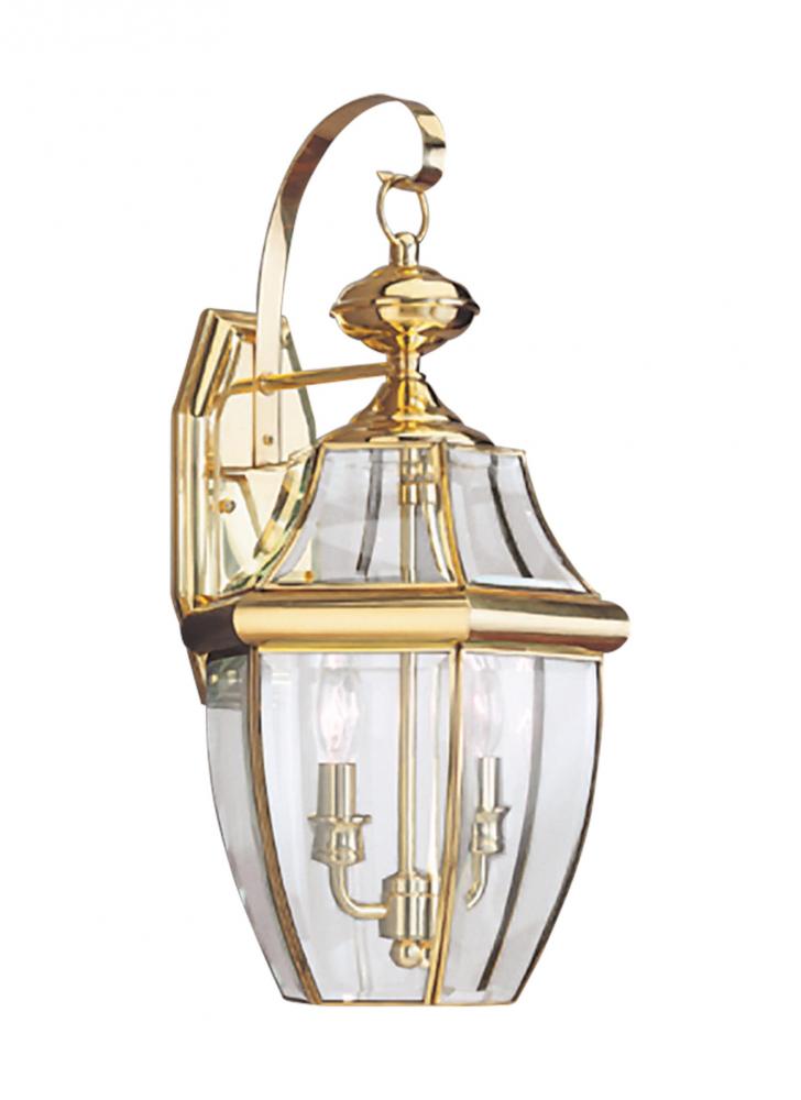 Lancaster traditional 2-light outdoor exterior wall lantern sconce in polished brass gold finish wit