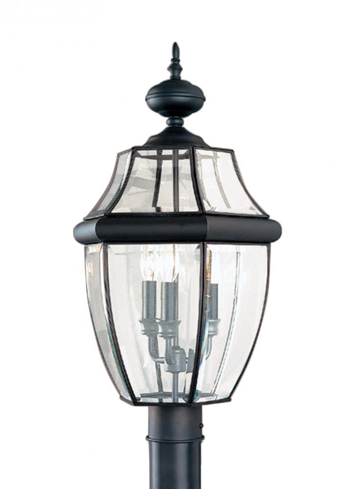 Lancaster traditional 3-light outdoor exterior post lantern in black finish with clear curved bevele