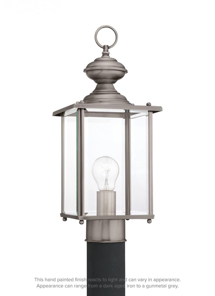 Jamestowne transitional 1-light outdoor exterior post lantern in antique brushed nickel silver finis