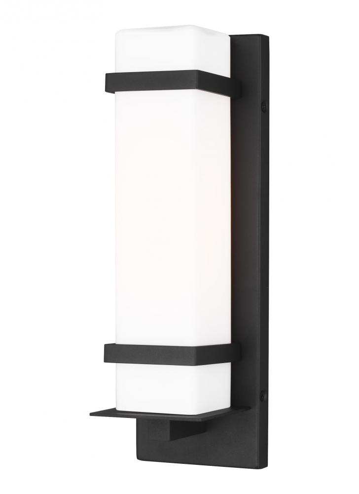 Alban modern 1-light outdoor exterior small wall lantern in black finish with etched opal glass shad