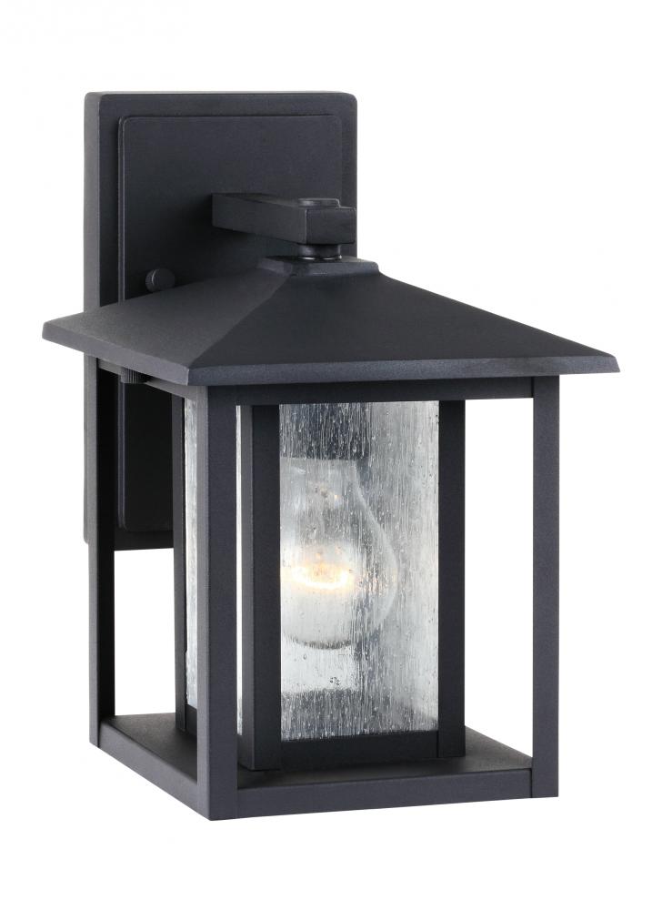 Hunnington contemporary 1-light outdoor exterior small wall lantern in black finish with clear seede