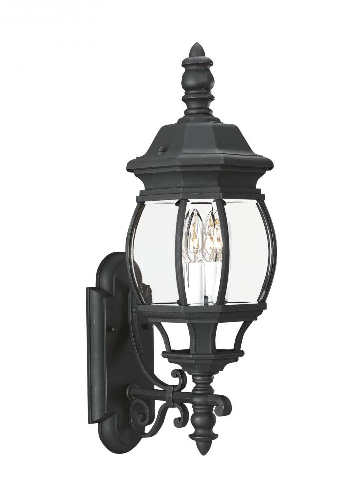 Wynfield traditional 2-light outdoor exterior wall lantern sconce in black finish with clear beveled