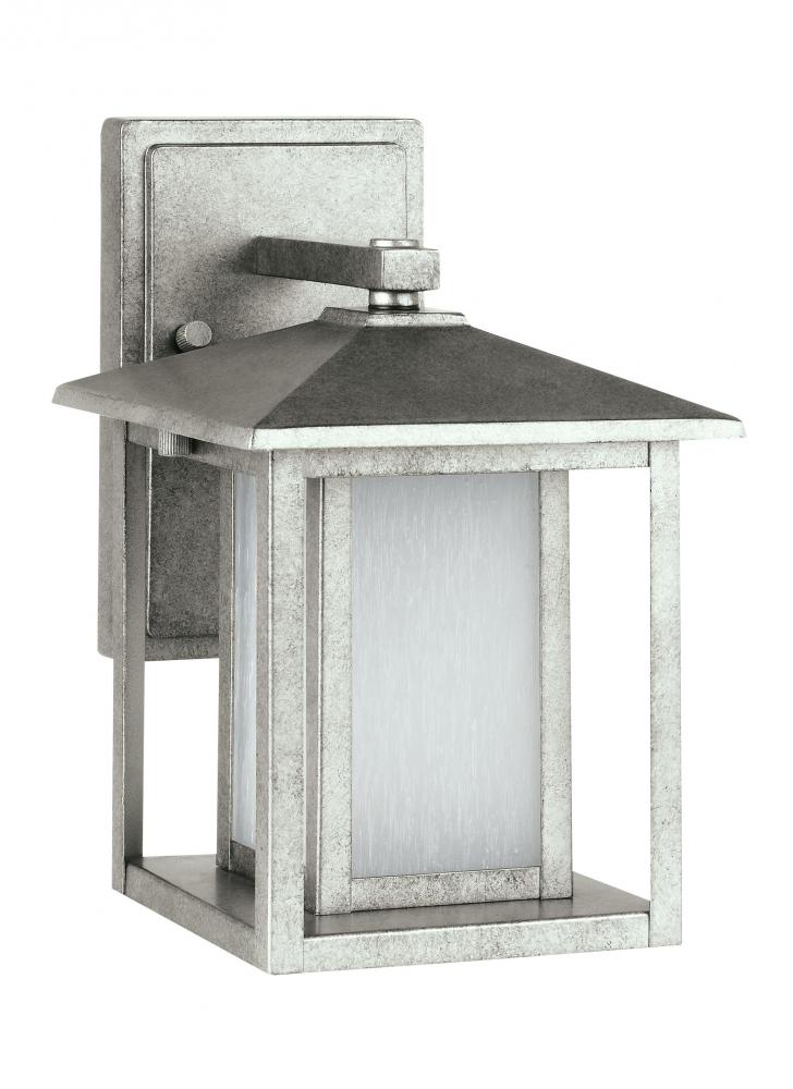Hunnington contemporary 1-light LED outdoor exterior small wall lantern in weathered pewter grey fin