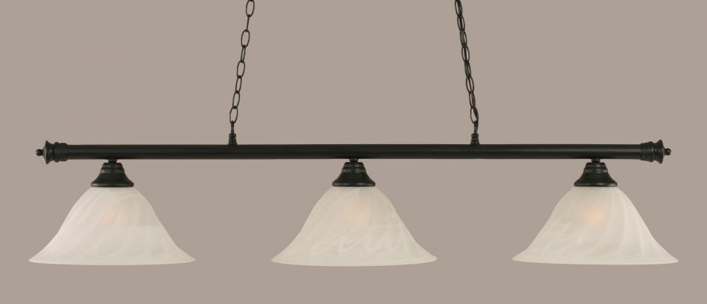 Three Light White Alabaster Swirl Glass Matte Black Pool Table Light