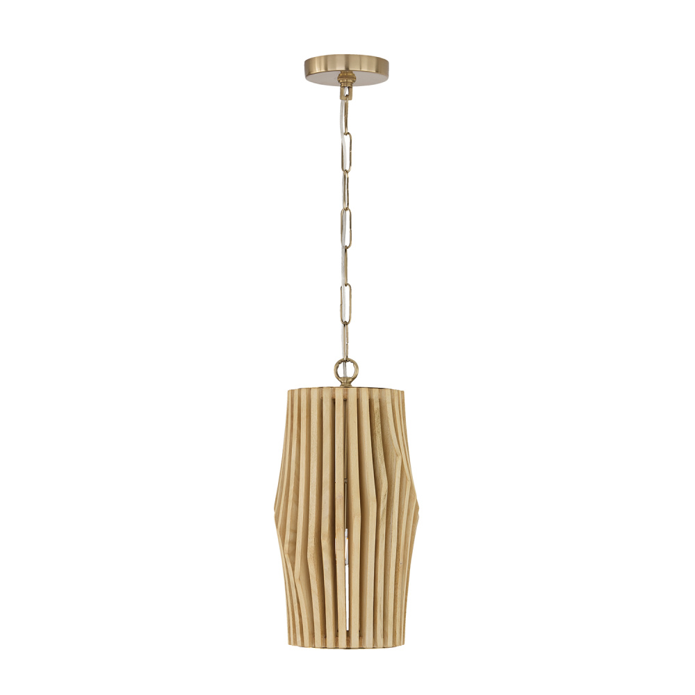 8.75" W x 17.25" H 1-Light Pendant in Matte Brass and Handcrafted Blonde Mango Wood