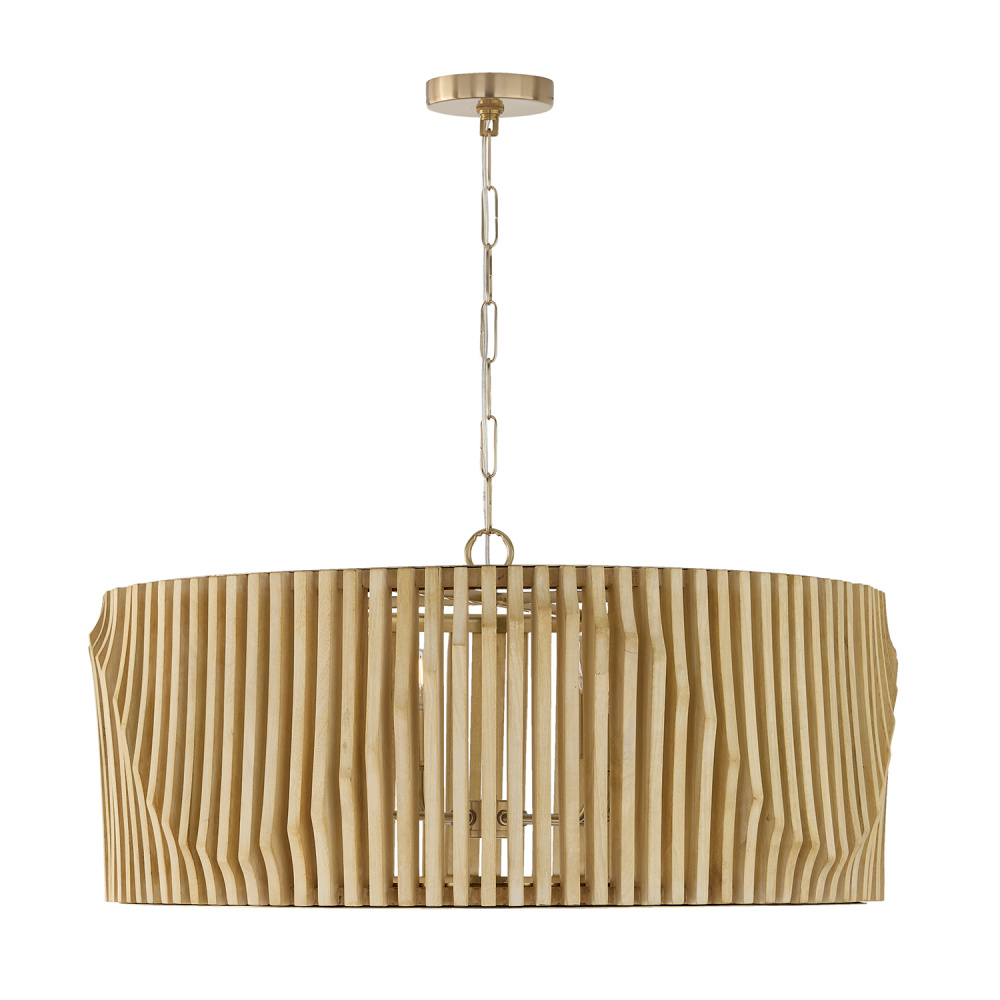 32.25" W x 14.5" H 6-Light Pendant in Matte Brass and Handcrafted Blonde Mango Wood