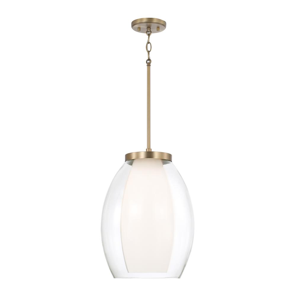 1-Light Pendant in Aged Brass with Layered White and Clear Glass