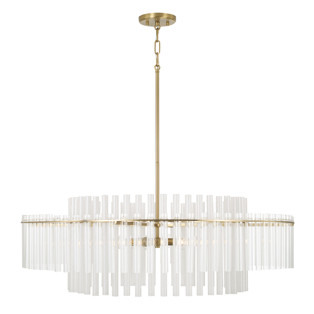 36" W x 17.25" H 6-Light Tiered Pendant in Aged Brass with Clear and Etched Glass Tubes