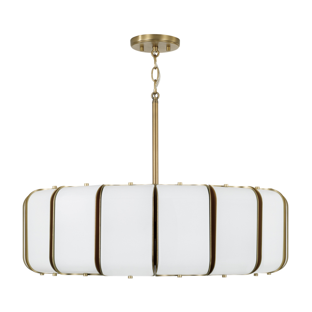 26.5" W x 8" H Integrated LED Pendant in Aged Brass with White Milk Glass Panels
