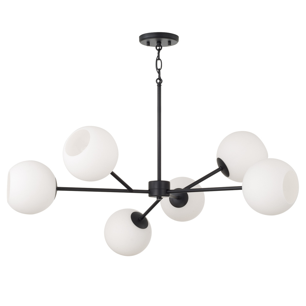 38" W x 14" H 6-Light Sputnik Chandelier in Matte Black with Soft White Glass Globes