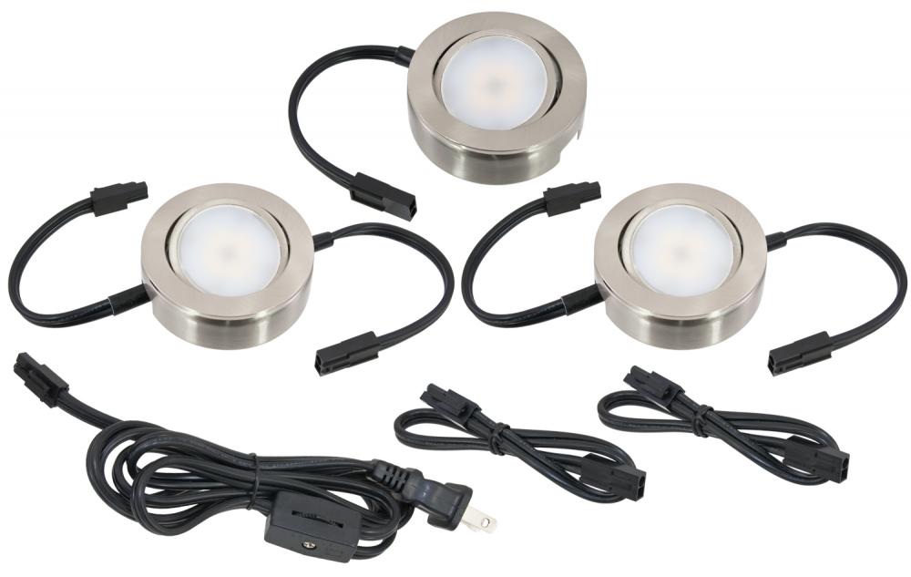 MVP LED Puck Light, 120 Volts, 4.3 Watts, 235 Lumens, Nickel, 3 Puck Kit with Roll Switch and 6