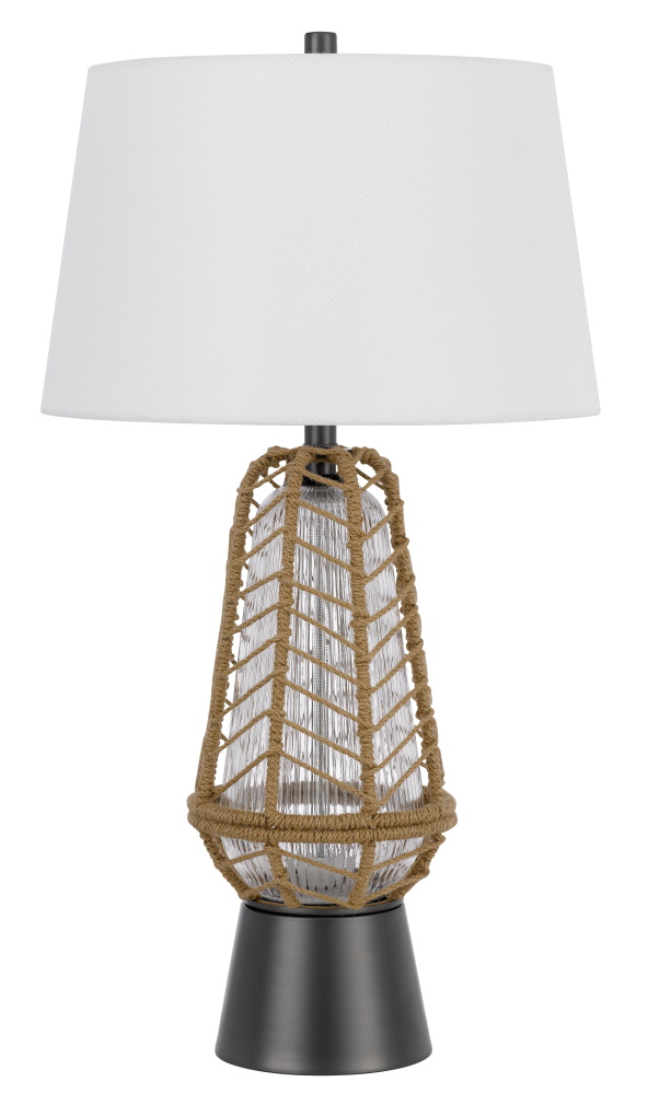 Hanko 100W 3 Way Table Lamp with 2W LED Night Light with Burlap Wrapped Glass and Metal Base