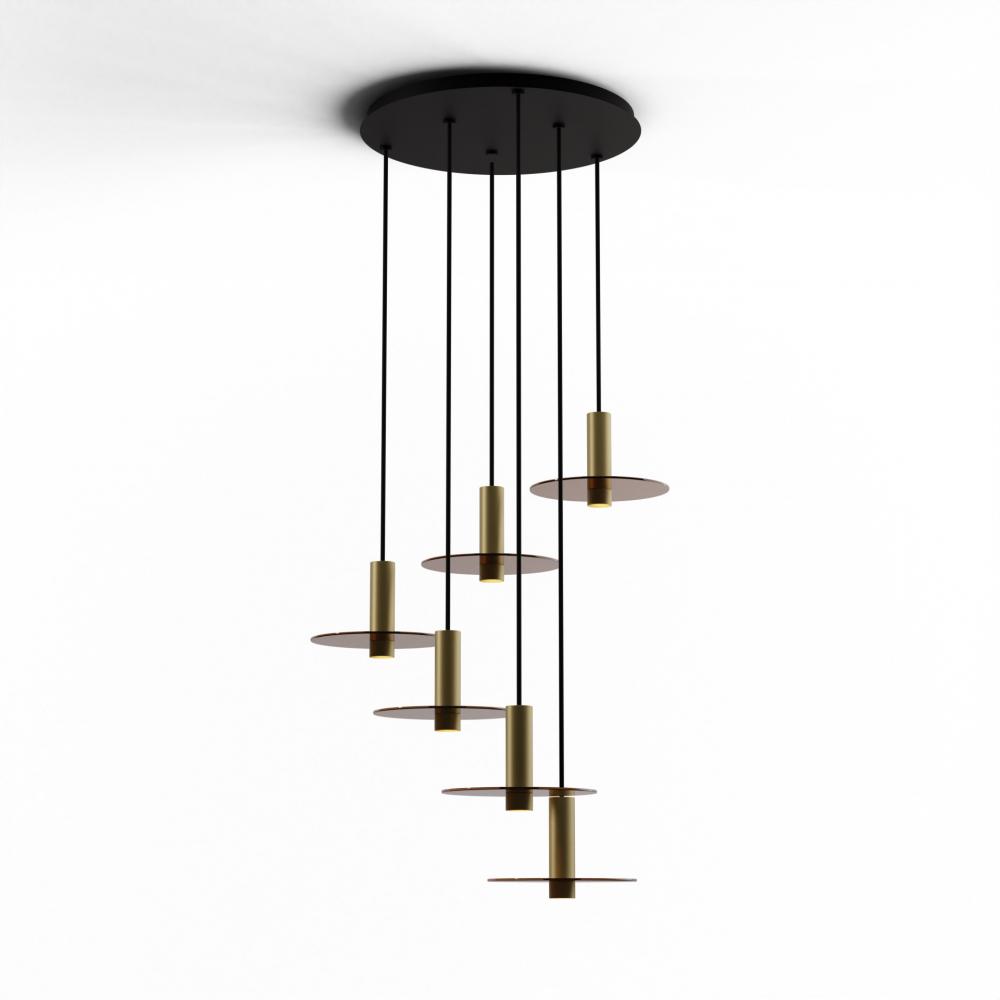 Combi Pendant 6" Circular 6 Combo Brass with Matte Black Canopy, 9" glass plate (Tea Brown)