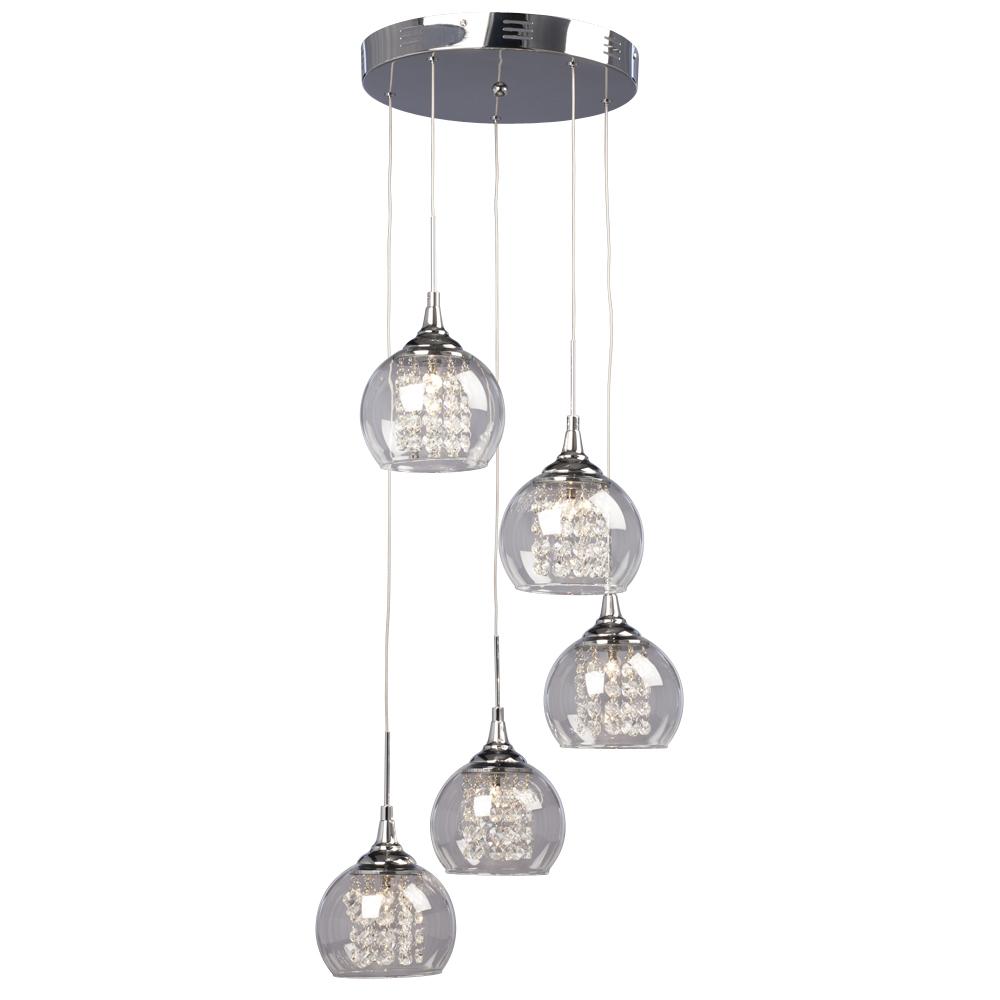 5-Light Multi-Light Pendant - Chrome with Clear Crystal Beads & Clear Glass Shade
