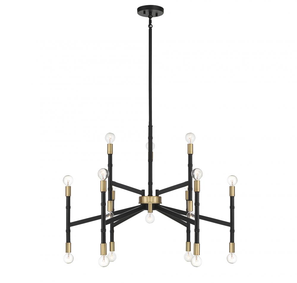 Rossi 18-Light Chandelier in Matte Black with Warm Brass Accents