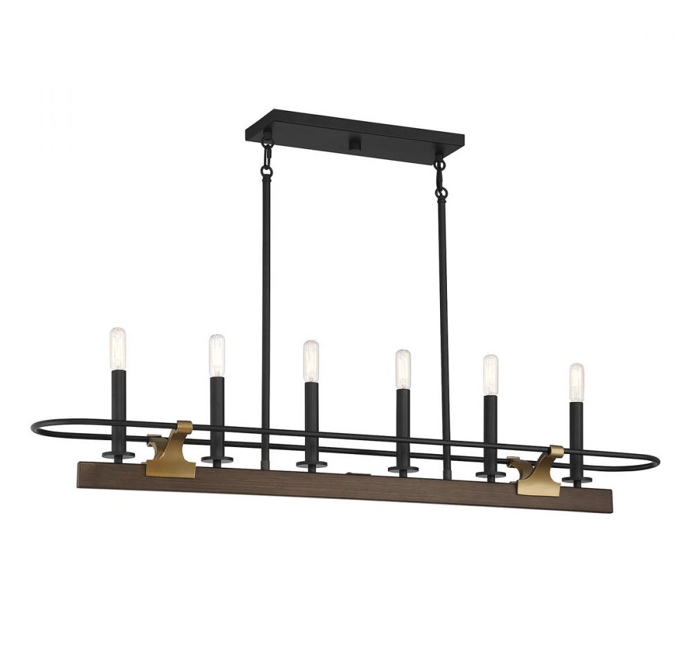 Icarus 6-Light Linear Chandelier in Burnished Brass with Walnut