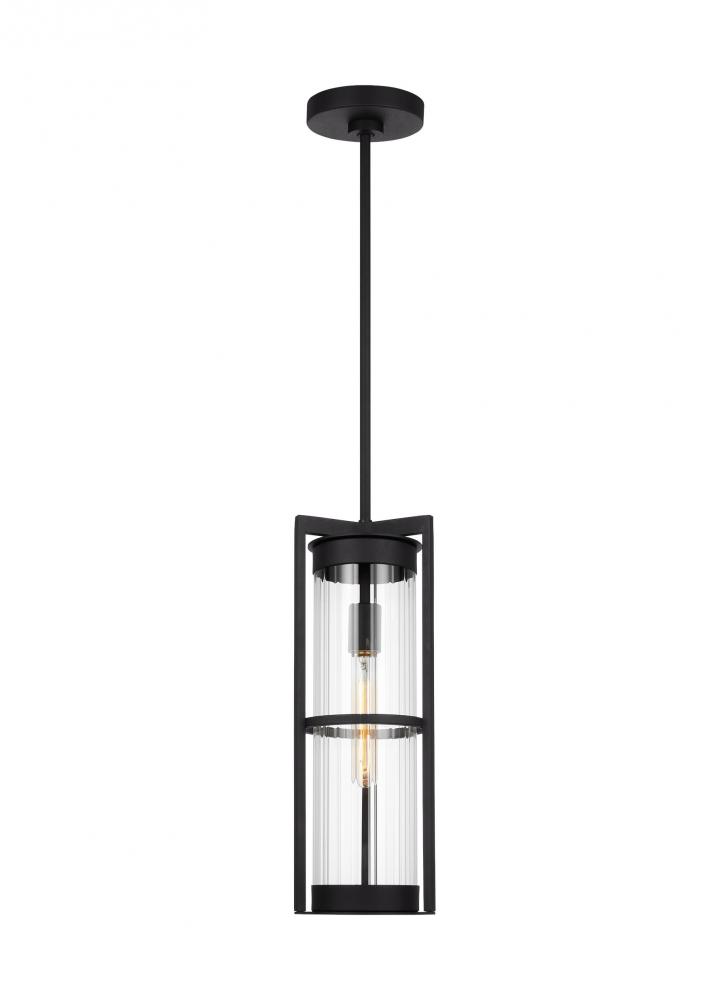 Alcona transitional 1-light LED outdoor exterior pendant lantern in black finish with clear fluted g