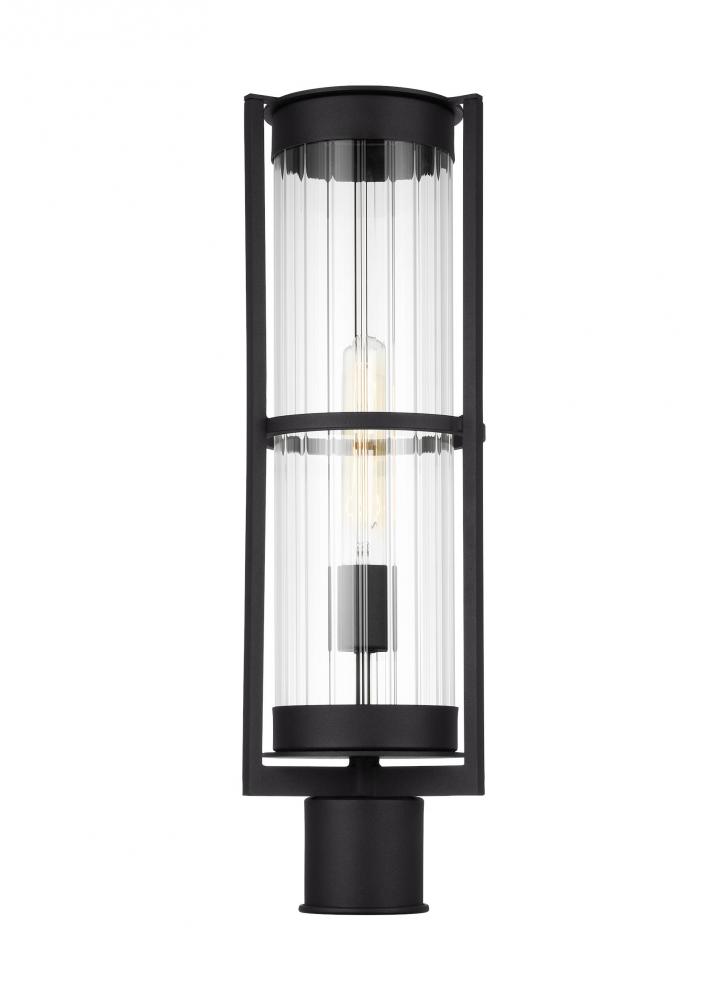 Alcona transitional 1-light LED outdoor exterior post lantern in black finish with clear fluted glas