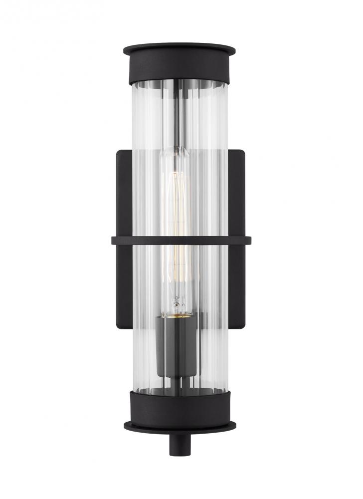 Alcona transitional 1-light outdoor exterior medium wall lantern in black finish with clear fluted g