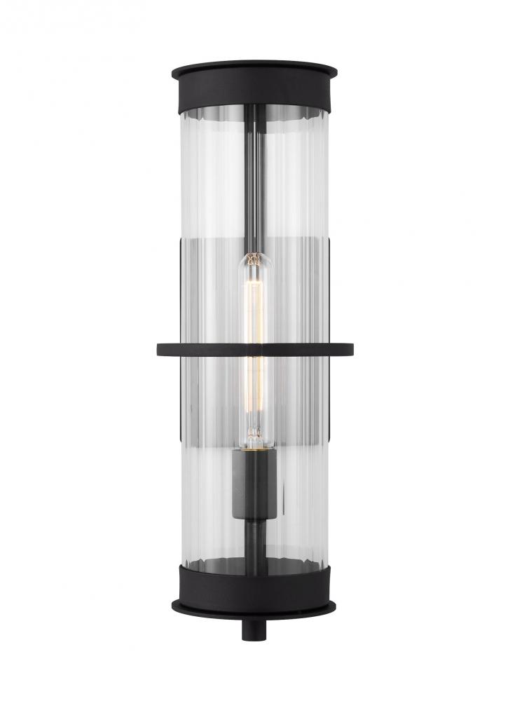 Alcona transitional 1-light outdoor exterior large wall lantern in black finish with clear fluted gl