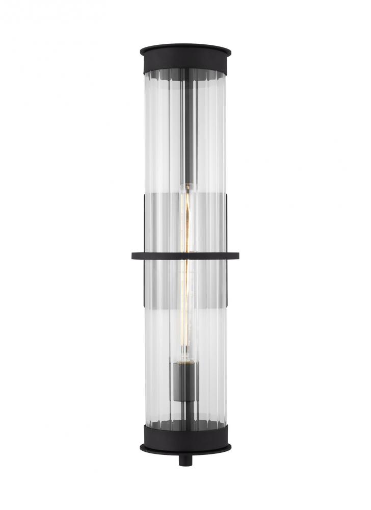 Alcona transitional 1-light outdoor exterior extra-large wall lantern in black finish with clear flu