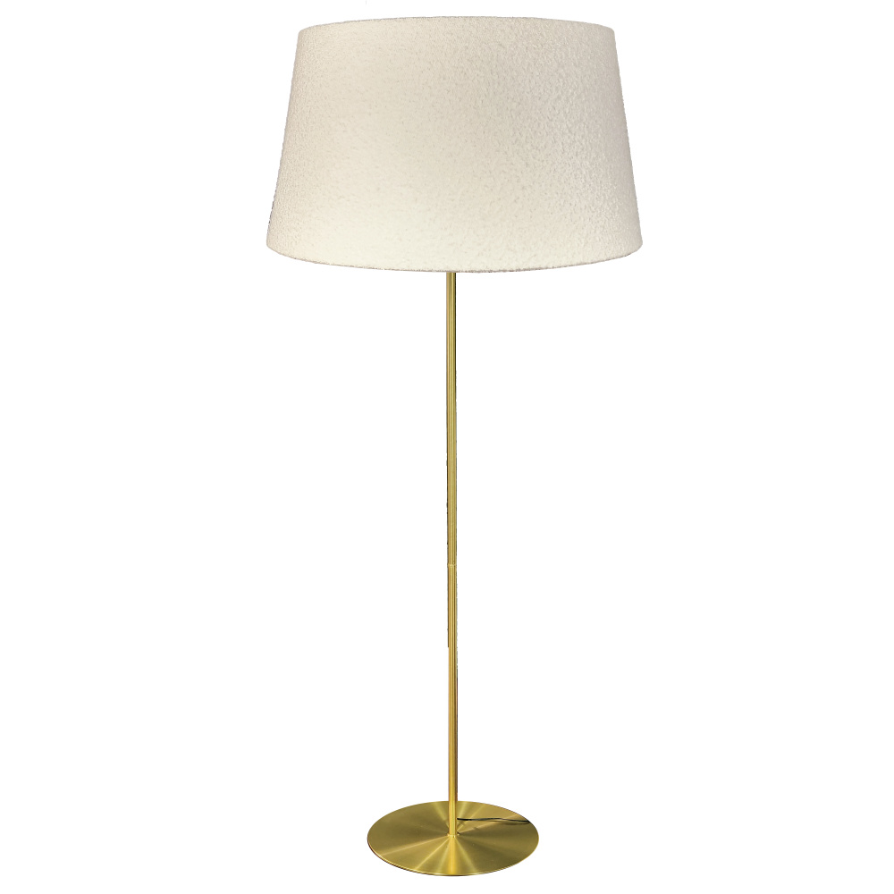 9 Light Incandescent Aged Brass Floor Lamp with White Boucle Fabric Shade