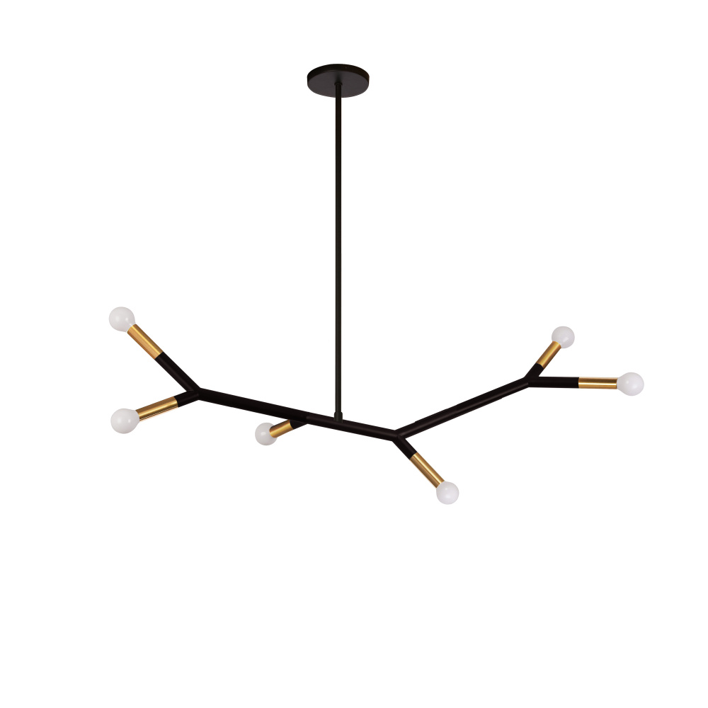 6 Light Horizontal Pendant in Matte Black and Aged Brass