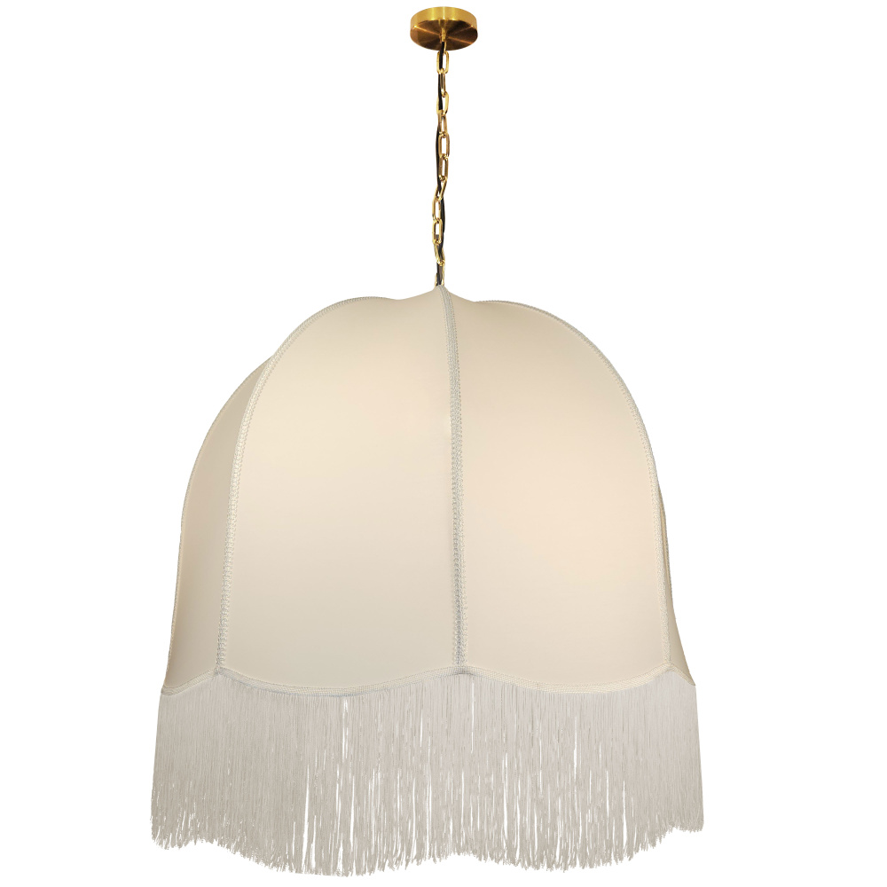 1 Light Incandescent Pendant, Aged Brass w/ White Fringe Shade