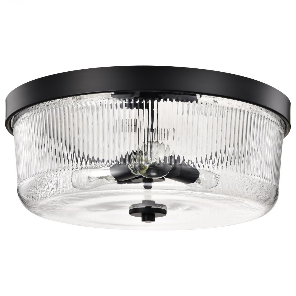 Grayson; Large Flush Mount; Matte Black Finish; Clear Ribbed Glass