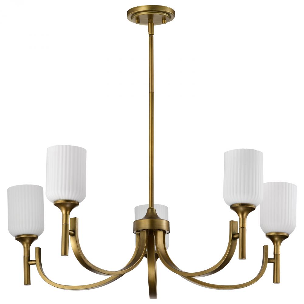 Solara; 5 Light Chandelier; Natural Brass Finish; Frosted Ribbed Glass